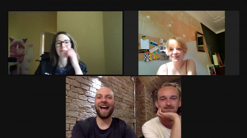Screenshot: Nantjen, Alex, Julian und Francis aus dem re:publica-Team in einem Zoom-Call mit drei Kacheln.