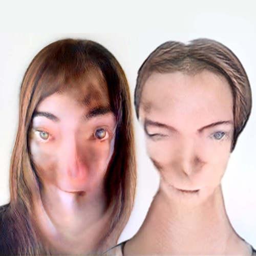 Portrait photography of two female human faces modified with Machine learning techniques.